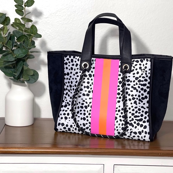 Dalmatian spots neoprene bag with pink and orange stripes and velvet sides. - Picture 1 of 7
